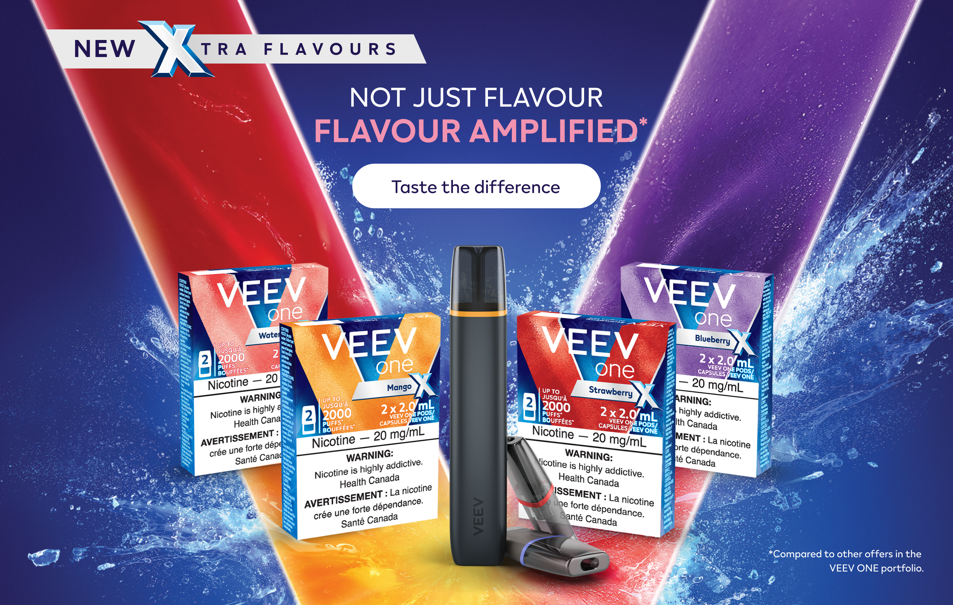 4 packs of VEEV ONE XTRA pods and a VEEV ONE device on a colourful v background.